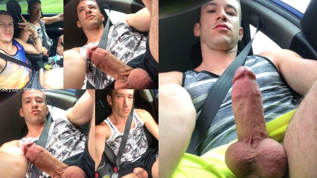 hot big dicked naked guy jerking in car